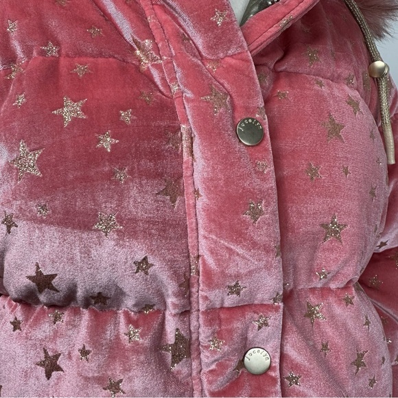 JOCELYN Eye Candy Velvet Puffer Coat | Fox Fur Gold Stars Medium Barbie Pink - Picture 12 of 15